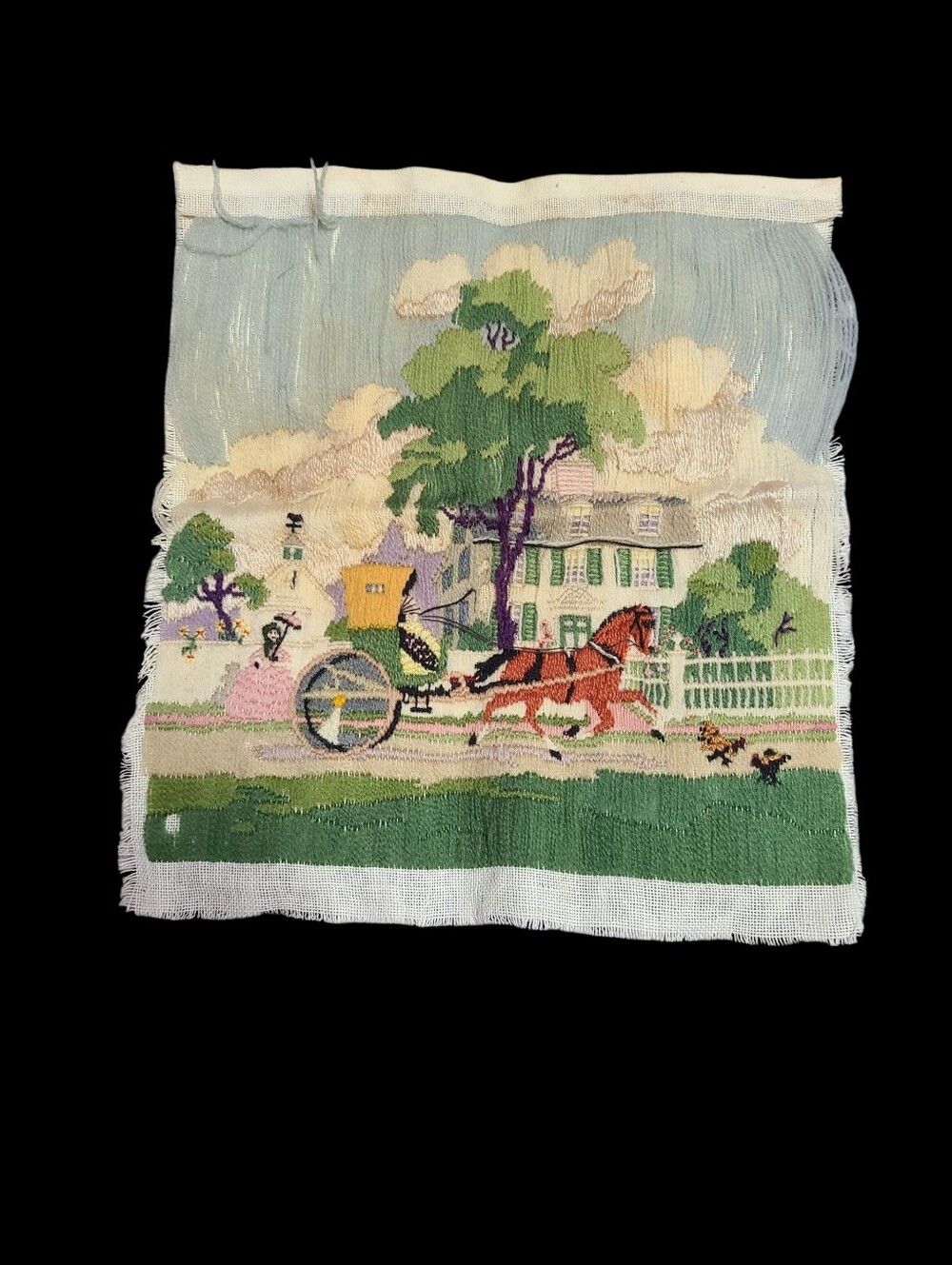 Vintage Needlepoint Completed Horse Drawn Carriage Scene